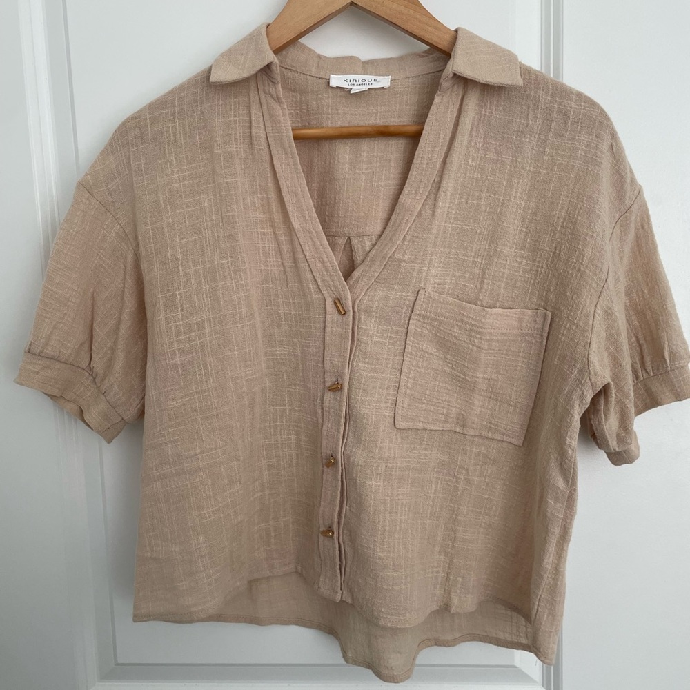 Tan Crop Button Down Shirt with Notched Collar